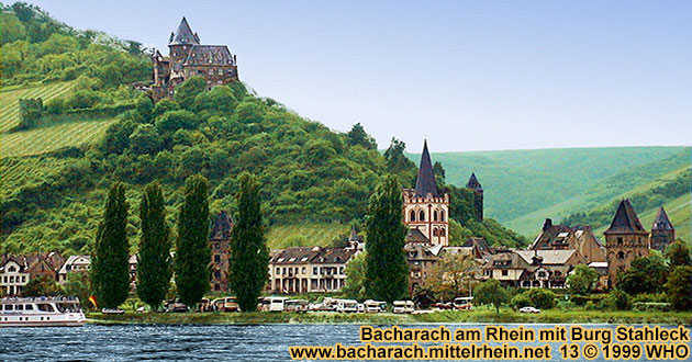 Bacharach am Rhein, Burg Stahleck, Peterskirche, Marktturm,  Foto: © WHO, 13. Mai 1999