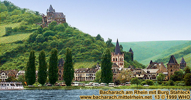 Bacharach am Rhein, Burg Stahleck, Peterskirche, Marktturm,  Foto:  WHO, 13. Mai 1999