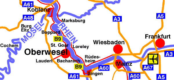 Lageplan Oberwesel am Rhein zwischen Koblenz und Mainz